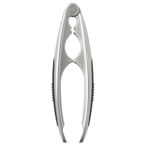 Zilverkleurige metalen notenkraker met zwarte grip.