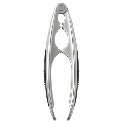 Zilverkleurige metalen notenkraker met zwarte grip.