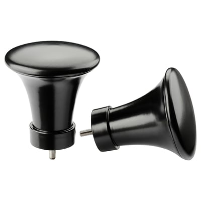 Twee zwarte metalen gordijnroede eindstukken in de vorm van trompetten, gestileerd met een strak design.