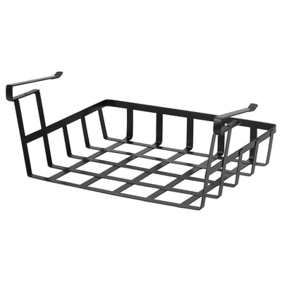 Zwarte metalen draadmand met haken, ontworpen om op planken te hangen.
