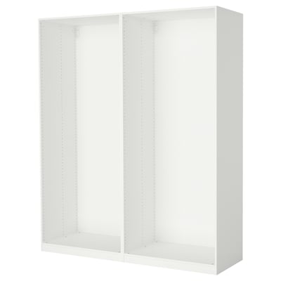Een ikea PAX garderobeframe, wit, rechthoekig, met een open structuur en verstelbare poten.