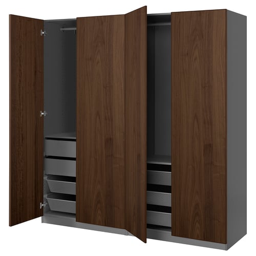 PAX kledingkast, donkerbruin hout, hoog & breed, bi-fold deuren openen naar planken & laden, stijlvol & functioneel.