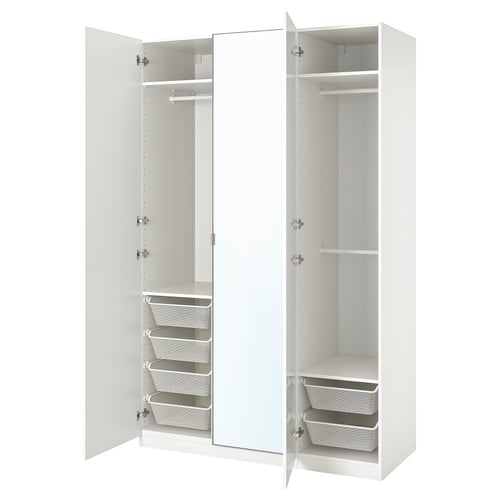 Witte PAX kledingkast, spiegeldeuren, gaasmanden, metalen rails.