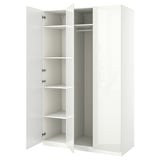 Witte PAX kledingkast, open deuren, vier planken, modern design.