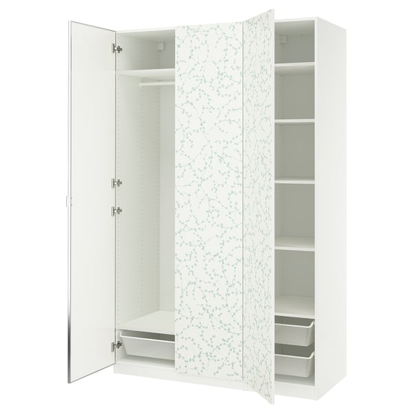 PAX kledingkast, wit met bloemenmotief, spiegeldeuren, verstelbare planken, gaasmand.