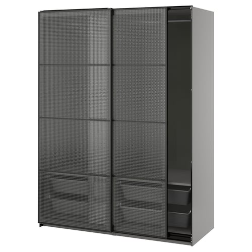 PAX / LUNDBRÄSMA Kledingkast met schuifdeuren, donkergrijs zwart/geruit glas, 150x66x201 cm