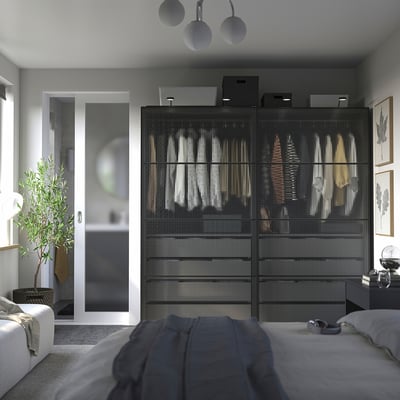 PAX / LUNDBRÄSMA Kledingkast met schuifdeuren, donkergrijs zwart/geruit glas, 200x66x201 cm