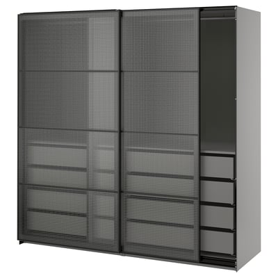 PAX / LUNDBRÄSMA Kledingkast met schuifdeuren, donkergrijs zwart/geruit glas, 200x66x201 cm