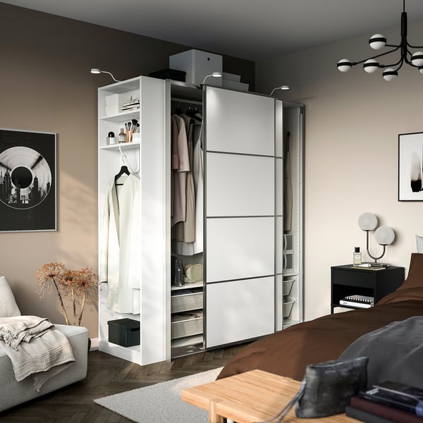 PAX / MEHAMN Kledingkast met schuifdeuren, wit aluminium/wit wit, 170x66x201 cm