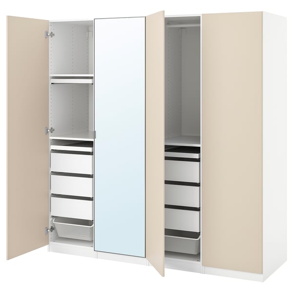 Ikea PAX kledingkast, beige, spiegeldeur, wit interieur, meerdere planken en lades.
