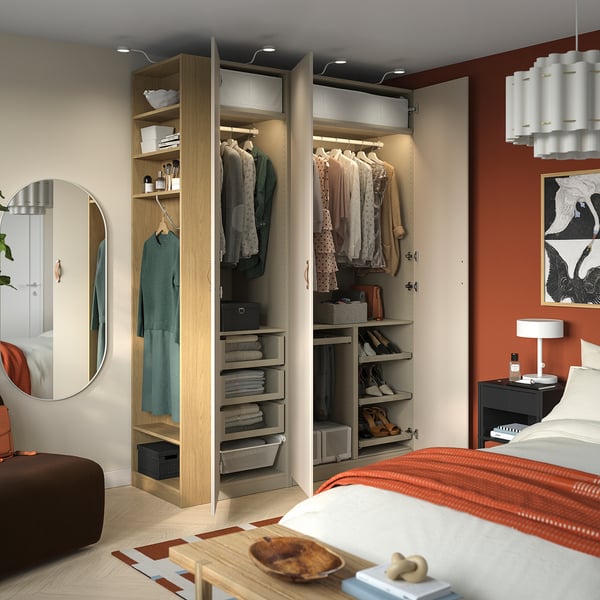 PAX / REINSVOLL Kledingkastcombinatie, grijsbeige grijsbeige/eikenpatroon, 170x60x236 cm