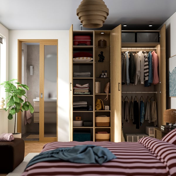 PAX / STORKLINTA Kledingkastcombinatie, grijsbeige/eikenpatroon, 185x58x236 cm