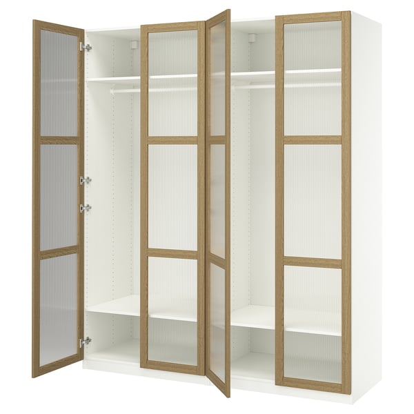 PAX kledingkast, wit, eiken, vier open deuren, verstelbare planken, modern design.