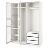 Witte PAX kledingkast, open deuren met meerdere planken en een ladegedeelte, strak en modern design.