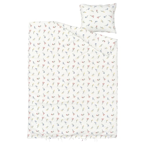 PILDVÄRGMAL beddengoed: wit, bloemen, katoen-viscose, rechthoekig, seersucker textuur.