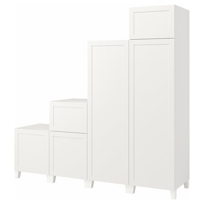 Witte PLATSA opbergmeubels: 2 kasten, 1 kledingkast, strak design.