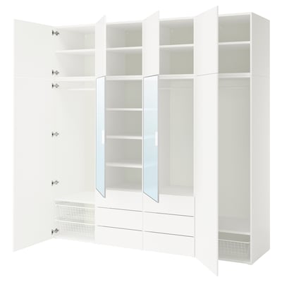Witte PLATSA modulaire kledingkast met spiegeldeuren, planken en lades.
