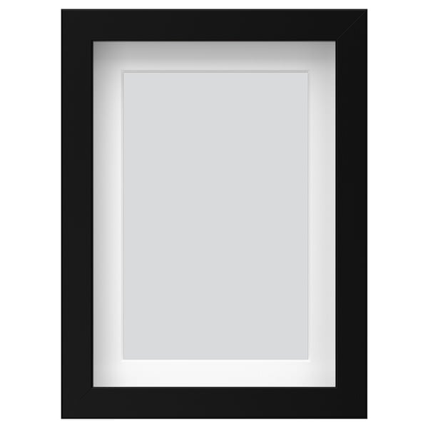 Zwarte RÖDALM fotolijst, rechthoekig, minimalistisch ontwerp met witte mat, past bij favoriete foto's.
