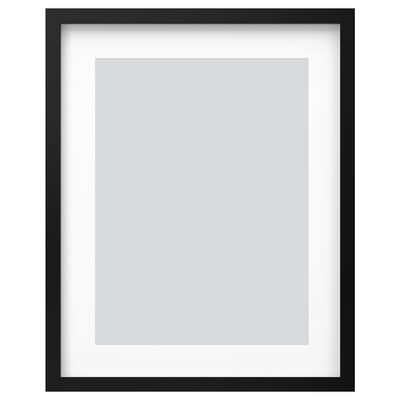Zwarte RÖDALM fotolijst met doorzichtige kunststof frontbescherming, geschikt om in verschillende richtingen op te hangen met meegeleverde plakhaak.