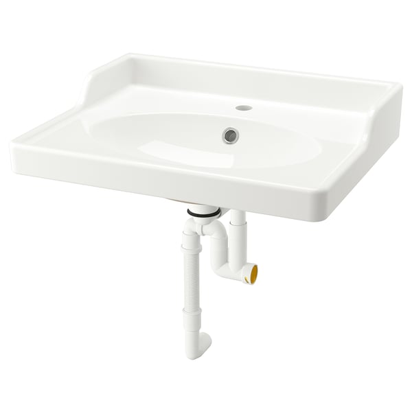 Een witte RUTSJÖN keramische wastafel met een verhoogde achterwand en ovale kom, ontworpen voor een traditionele uitstraling, met 10 jaar garantie.