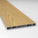 Houten plank met grijs plastic randdetail, met duurzaam vloermateriaal.