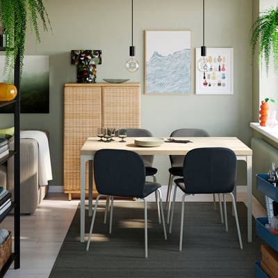 SKÅLSTA Tafel en 4 stoelen, eikenpatroon recht lichtgrijs-beige/Knäbäck donkergrijs kokervormig metaal/lichtgrijs-beige, 140x80 cm