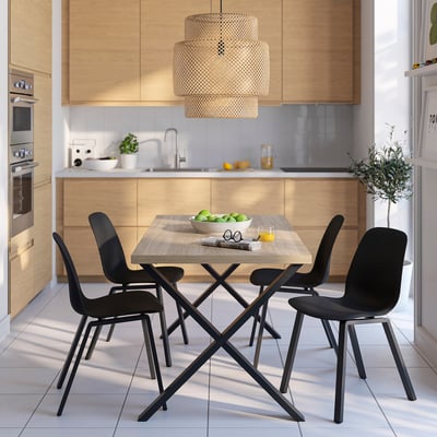 SKÅLSTA Tafel en 4 stoelen, eikenpatroon X-vormig zwart-grijs/kunststof zwart metaal met profiel/zwart-grijs, 140x80 cm