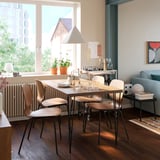 SKÅLSTA Tafel en 4 stoelen, walnootpatroon haarspeld in zwart-grijs/walnootfineer kokervormig metaal/zwart-grijs, 140x80 cm