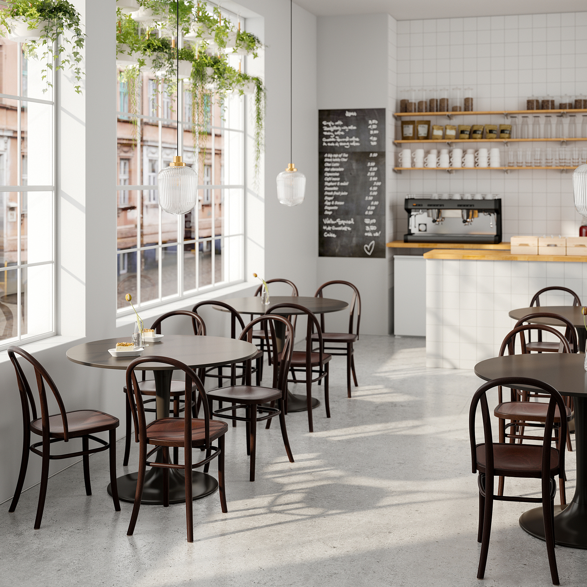 Modern café met grote ramen, felle verlichting, ronde houten tafels en bruine stoelen. Hangplanten en menubord zijn zichtbaar.
