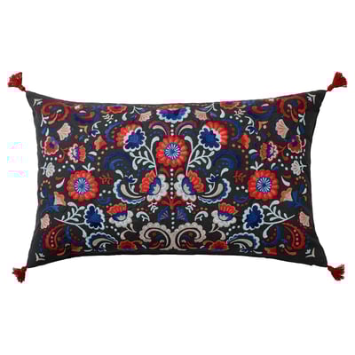 Levendig bloemen geborduurd rechthoekig kussen in donkere basis, rood, blauw, met kwastjes & eendenveer vulling.