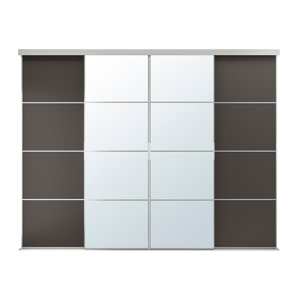 SKYTTA kast met gespiegeld midden, geflankeerd door zwarte panelen. Modern schuifdeurontwerp, minimalistische stijl.
