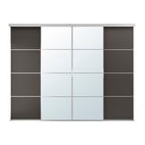 SKYTTA kast met gespiegeld midden, geflankeerd door zwarte panelen. Modern schuifdeurontwerp, minimalistische stijl.