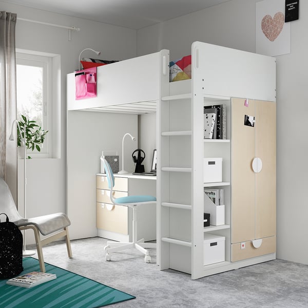 SMÅSTAD Hoogslaper, wit berken/met bureau met 4 lades, 90x200 - IKEA België