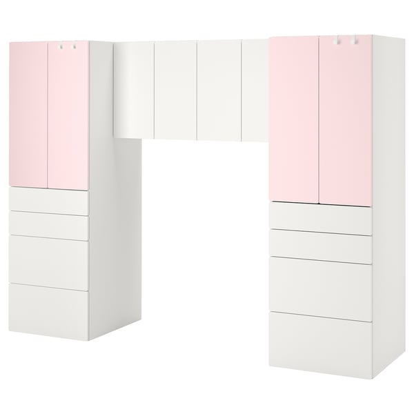 Twee roze en witte opbergmeubelen met lades en kasten. Ontworpen voor kinderen, veelzijdig en verstelbaar.