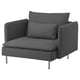 Donkergrijze moderne stoel, diepe zitting, slanke poten, stijlvolle, comfortabele, zachte stof.