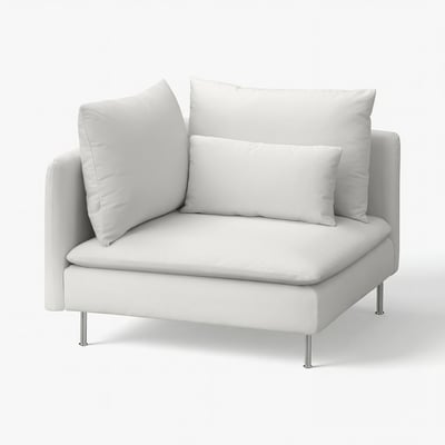 Moderne witte leren fauteuil met twee kussens op een witte achtergrond.