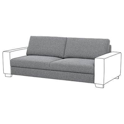 SÖRVALLEN grijze bank, modern design, zachte stof, rechthoekige vorm, comfortabele kussens.
