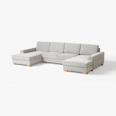 Moderne grijze L-vormige bank met houten poten, minimalistisch ontwerp, lichte stof, comfortabele kussens.