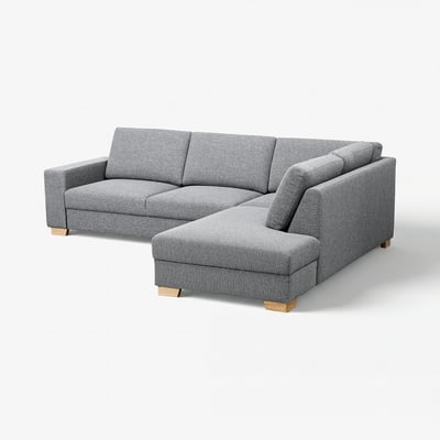 Grijze SÖRVALLEN hoekbank, modern en minimalistisch, houten poten.