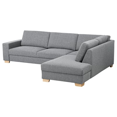 SÖRVALLEN moderne grijze l-vormige bank, minimalistische stijl, houten poten.