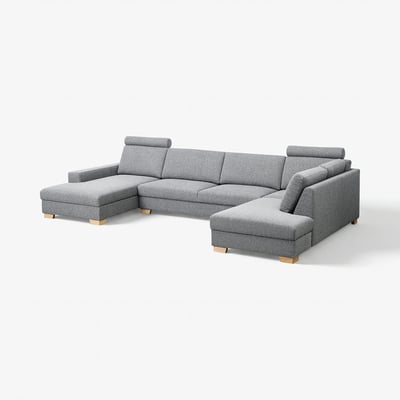 Een moderne, grijze SÖRVALLEN hoekbank met lichthouten poten, met een minimalistisch Scandinavisch ontwerp.