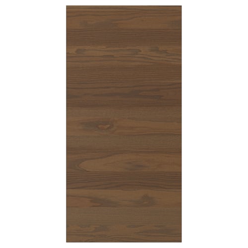 Donkerbruin houtnerf keukenkastpaneel met handgrepen.