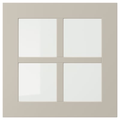 STENSUND beige kast met glazen deuren. Vierkant, modern design met strakke lijnen. Gemaakt van hardboard en gehard glas.