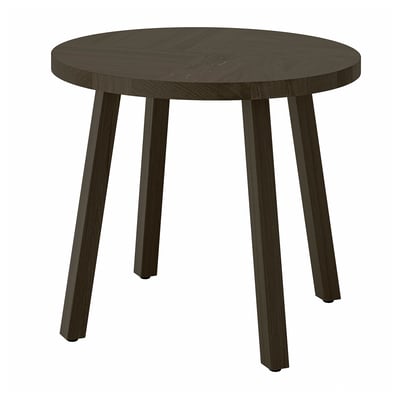 Een ronde, donkerbruine STOCKHOLM 2025 bijzettafel, gemaakt van eikenhout met een strak, modern scandinavisch design.