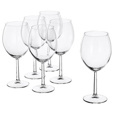 Zes heldere SVALKA-glazen, modern vormgegeven met brede schalen, staande op vlakke oppervlakken, gemaakt van glas.