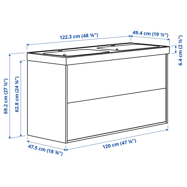 TÄNNFORSEN / ORRSJÖN Wastafel+lades/wasbak, wit, 122x49x69 cm