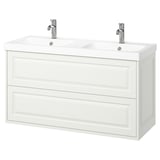 Witte TÄNNFORSEN dubbele wastafel wastafel. Klassiek ontwerp met afgeschuinde randen, aan de muur bevestigd, twee lades.