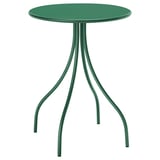 Groene ronde bijzettafel met gebogen poten.