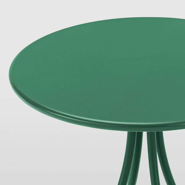 Ronde groene bijzettafel met glad, stevig blad en slanke poten. Perfect gebruik binnen/buiten.