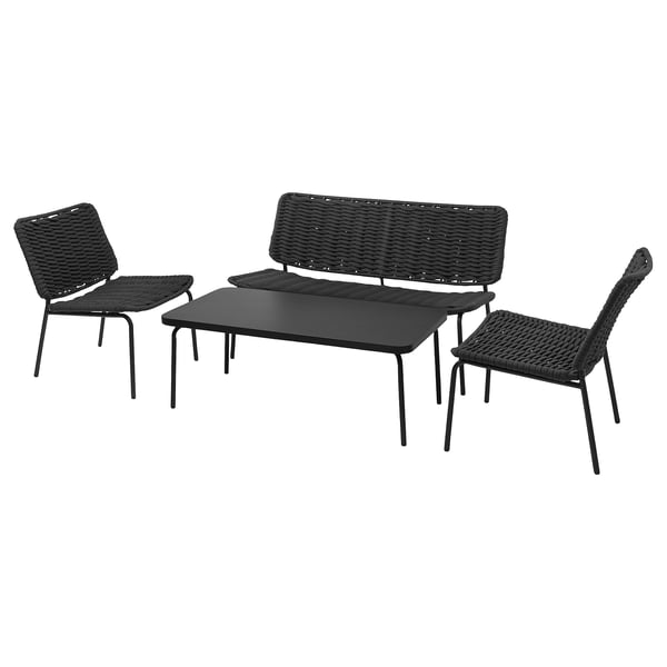 TEGELÖN terrasset: zwart, rieten stoelen, glazen tafel, modern design.